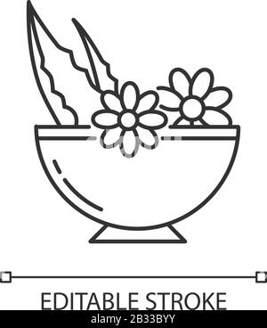 Leaves in bowl pixel perfect linear icon. Medicinal herbs and flowers in mortar. Thin line customizable illustration. Contour symbol. Vector isolated Stock Vector
