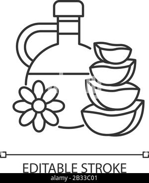 Natural oil pixel perfect linear icon. Floral liquid for skincare. Aloe vera juice in glass jar. Thin line customizable illustration. Contour symbol Stock Vector