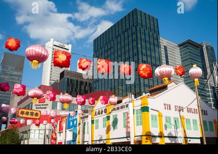 24.01.2020, Singapore, Republic of Singapore, Asia - Annual street decoration with colourful paper lanterns along South Bridge Road. Stock Photo