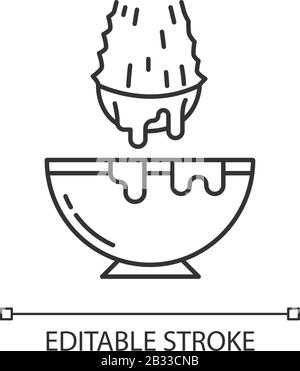 Cut aloe vera sprout pixel perfect linear icon. Medicinal herb extract in bowl. Thin line customizable illustration. Contour symbol. Vector isolated Stock Vector