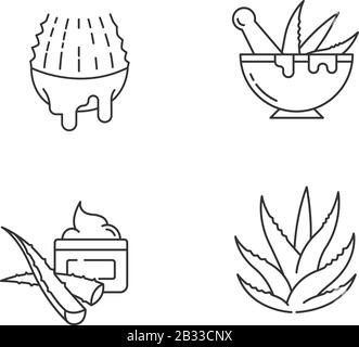 Aloe vera pixel perfect linear icons set. Juice from cut succulent. Liquid from sliced cactus leaf. Customizable thin line contour symbols. Isolated Stock Vector