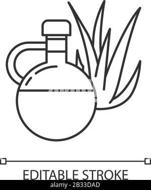Oil pixel perfect linear icon. Plant based essence for skincare. Aloe vera juice in glass bottle. Thin line customizable illustration. Contour symbol Stock Vector