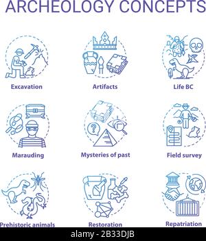 Archelogy concept icons set. Studying the history of civilization. Treasure hunting idea thin line RGB color illustrations. Vector isolated outline Stock Vector