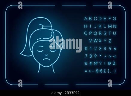 Sadness neon light icon. Unhappy expression. Low mood. Emotionally drained girl. Anxious woman. Loneliness and solitude. Glowing sign with alphabet Stock Vector