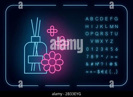 Aromatherapy neon light icon. Scented sticks. Air floral freshener. Female selfcare. Blossom aroma. Essential oils. Glowing sign with alphabet Stock Vector