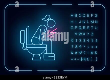 Diarrhea neon light icon. Digestive tract disease. Illness and sickness. Food poisoning. Menstruation problem. Glowing sign with alphabet, numbers and Stock Vector