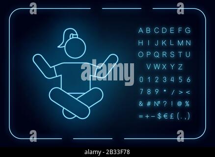Meditation neon light icon. Yoga practice. Relaxation and rest. Spirituality and tranquility. Lotus position. Glowing sign with alphabet, numbers and Stock Vector