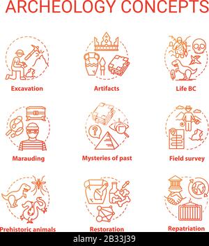 Archelogy concept icons set. Studying the history of ancient artifacts. Excavations, conservation of values idea thin line RGB color illustrations Stock Vector