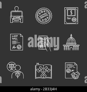 Notary services chalk white icons set on black background. Apostille and document legalization. Stock certificate. Supreme court. Legal code. Will Stock Vector