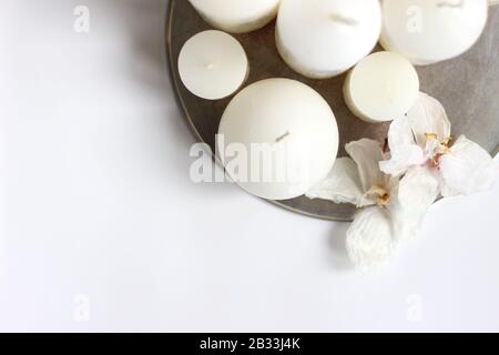Festive Interior Decor. Minimal Scandinavian Christmas Home Decorations with White Candles. Stock Photo