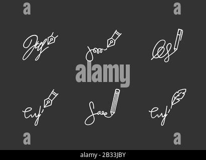 Signatures chalk white icons set on black background. Apostille and legalization. Handwriting. Autograph. Proof of identity, consent. Notary services Stock Vector