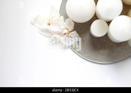 Flatlay Composition with Candles on a White Background. Festive Holidays Concept. Stock Photo