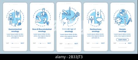 Oncology onboarding mobile app page screen with concepts. Gastrointestinal oncology. Cancer treatment walkthrough five steps graphic instructions. UI Stock Vector