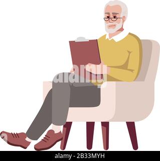 Old man in armchair semi flat RGB color vector illustration. Elderly person with clipboard. Experienced psychologist. Examinator. Psychology Stock Vector