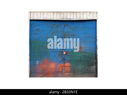 Rusty blue garage gate isolated on white, flat background photo texture Stock Photo