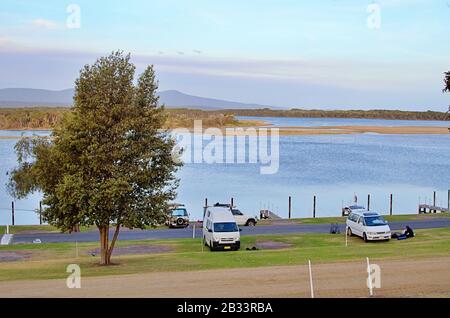 Caravans parking at Mallacoota park for vacation camping Stock Photo