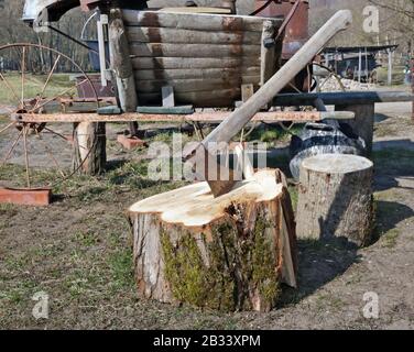 A large rusty ax stuck in an oak stump near a rural village barn shed Stock Photo