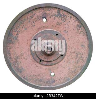 Rusty solid iron red painted wheel from an retro  agricultural  mill ansd machinery with lichen spots. Isolated on white natural  colors simplistic  o Stock Photo