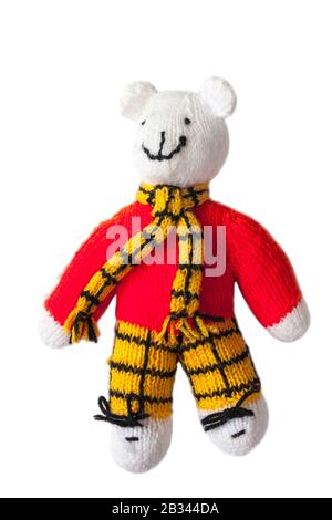 Knitted Rupert Bear soft toy isolated on white background
