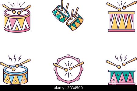 Brazilian music pink RGB color icons set. Drums with drumsticks. Samba. Musical instrument. Brazilian carnival. Festive drum parade. Isolated vector Stock Vector