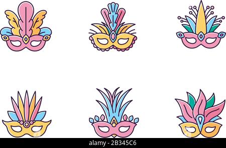 Masquerade masks yellow RGB color icons set. Traditional headwear with plumage. Ethnic festival. Brazilian national holiday. Isolated vector Stock Vector