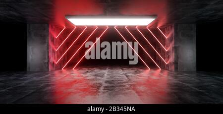 Modern Futuristic Underground Reflective Concrete Garage Empty Room With Red White Neon Glowing Lights Background 3D Rendering Illustration