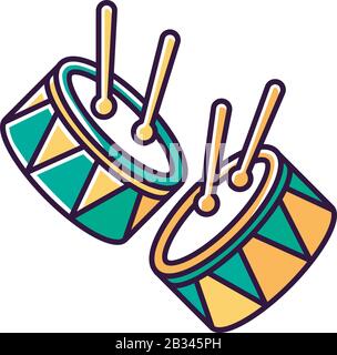 Drums with drumsticks green RGB color icon. Musical instrument. Brazilian carnival. Samba. Festive parade. Musical movement. National holiday Stock Vector