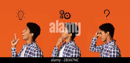 Problem solution collage. African-American man searching for and finding new idea, panorama set with various emotions Stock Photo