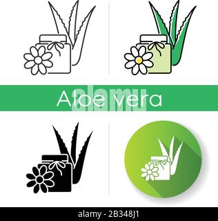 Vegan wax icon. Cream with floral extract. Organic lotion in jar with aloe vera. Medicinal herbs product. Plant based cosmetic. Linear black and RGB Stock Vector