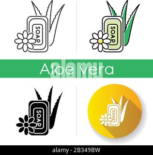 Vegan soap icon. Bathing product with aloe vera. Natural cosmetic for personal hygiene. Cleansing treatment and dermatology. Linear black and RGB Stock Vector