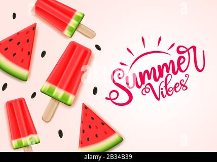 Summer water melon vector banner template. Summer vibes text with tropical fruit water melon and popsicle elements in pink background. Stock Vector