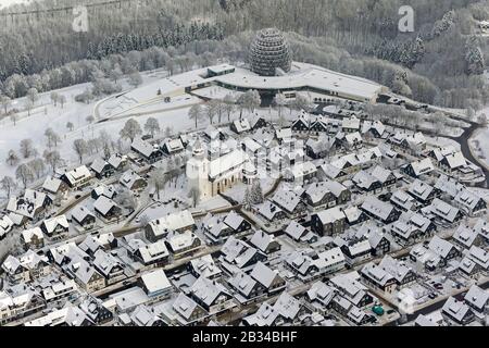 , city center to Winterberg with St. Jakobus church and tourist center Oversum, 26.01.2013, aerial view, Germany, North Rhine-Westphalia, Sauerland, Winterberg Stock Photo