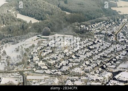 , city center to Winterberg with St. Jakobus church and tourist center Oversum, 26.01.2013, aerial view, Germany, North Rhine-Westphalia, Sauerland, Winterberg Stock Photo