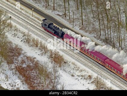 historic steam locomotive drawn traditional train at the station in Arnsberg, 26.01.2013, aerial view, Germany, North Rhine-Westphalia, Sauerland, Arnsberg Stock Photo