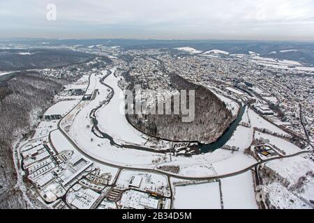 river bend in Arnsberg with Eichholz forest, 26.01.2013, aerial view, Germany, North Rhine-Westphalia, Sauerland, Arnsberg Stock Photo