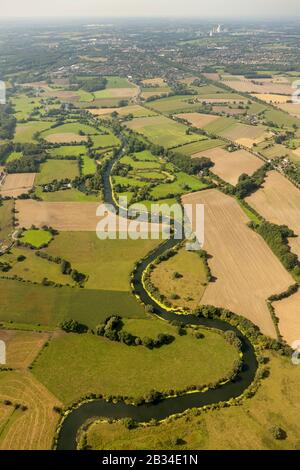 , meadows and fields of Lippe at Bergkamen, 02.09.2012, aerial view, Germany, North Rhine-Westphalia, Ruhr Area, Bergkamen Stock Photo