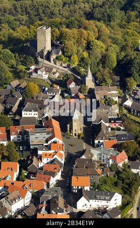 , marketplace at the St. John Baptist Church with Blankenstein Castle in the background, 30.09.2012, aerial view, Germany, North Rhine-Westphalia, Ruhr Area, Hattingen Stock Photo