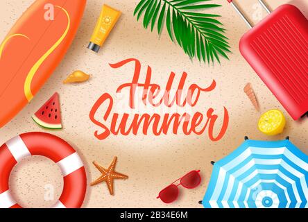 Summer time vector banner background. It's summer time text in beach island  sand with tropical season elements like palm tree, sunglasses and lifebuoy  Stock Vector Image & Art - Alamy