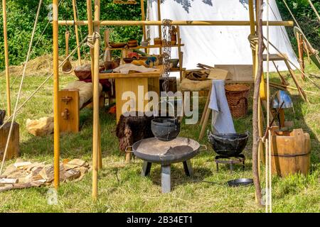 Tent camp and market stall at a medieval spectacle Stock Photo - Alamy