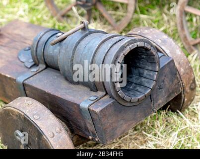 Cast iron medieval cannon, mortar, on rollers Stock Photo