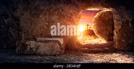 Tomb Empty With Shroud And Crucifixion At Sunrise Resurrection Of Jesus Christ Stock Photo