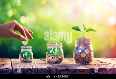 Save Money And Investment Concept Plants Growing Up In Jars Stock Photo