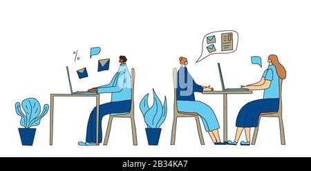 Coworking concept. Colleagues sitting at the desk and working. Young persons using computer at the table. Teamwork. People reading mail, discussing ne Stock Vector