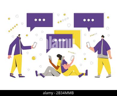 People use phones for read and text a messages. Chat comment concept. Social media network. Young people with speech bubbles. Feedback service.Vector Stock Vector