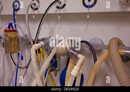 Umea, Norrland Sweden - February 13, 2020: respiratory masks and hoses in hospital room Stock Photo
