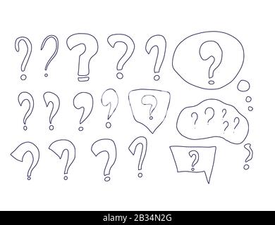Question marks set in doodle style. Hand drawn ask signs collection isolated on white background. Vector stylized typography. Stock Vector