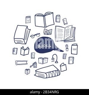 Books set in doodle style. Round emblem with symbols of reading. Circle composition with learning and education sketch signs and hand drawn lettering. Stock Vector
