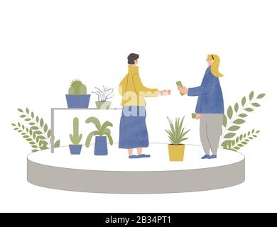 Local retail smal business concept. Plant shop. Female person dressed in casual clothes byuing flowers for home gardening. Flea market.  Vector illust Stock Vector