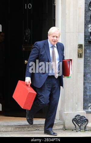 London, UK. 4th Mar, 2020. British Prime Minister Boris Johnson leaves No 10 Downing Street in Westminster this morning for PMQs at Parliament. Credit: Imageplotter/Alamy Live News Stock Photo