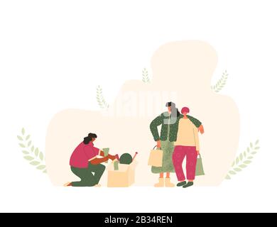 Flea market scene. Woman with son choosing clothes, person looking at  goods in the box. Selling vintage goods. Second hand shop. Vector flat illustra Stock Vector